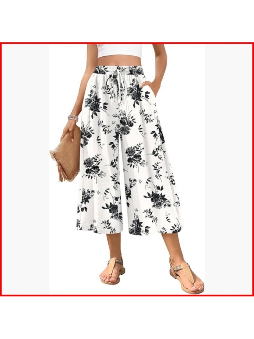 Wide Leg Palazzo Capri Pants with Drawstring and Pockets